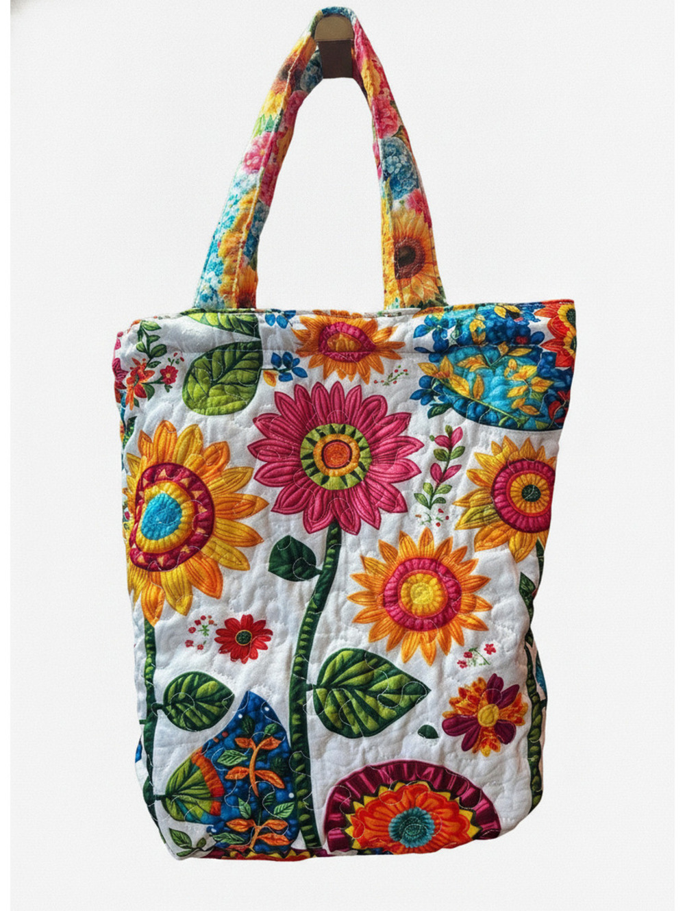 Handmade Quilted Floral Tote Bag with Colorful Sunflowers